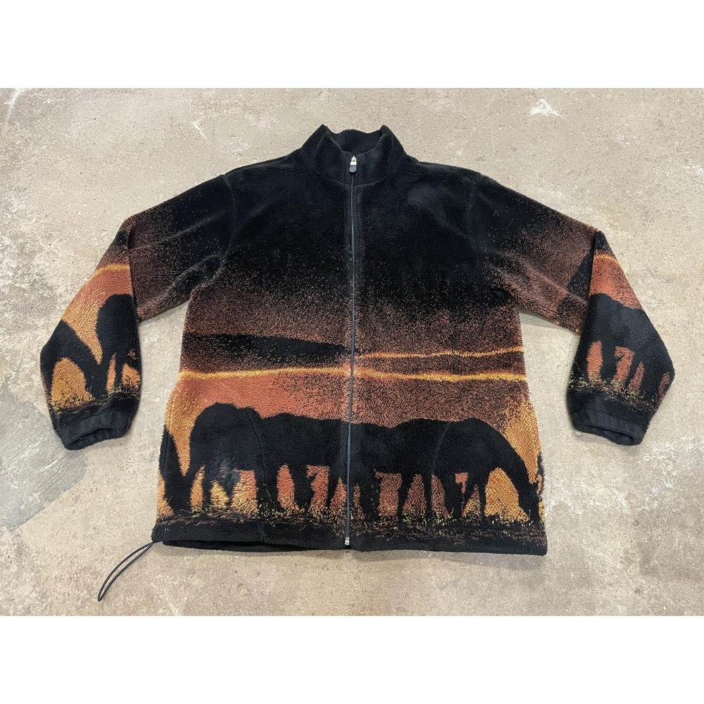 Art Unlimited Sportswear Jacket Mens Medium Black Sunset Horses Fleece Full Zip‎